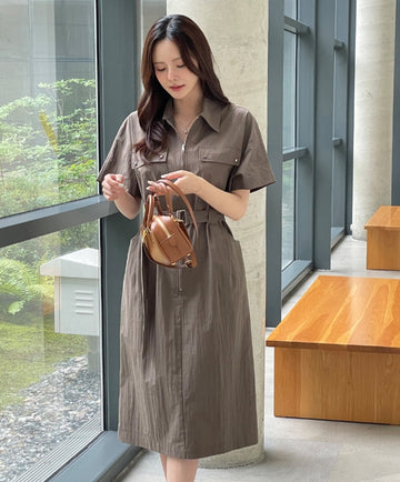 Peijing Pocket Collar Zip-up Long One Piece (Belt Set)